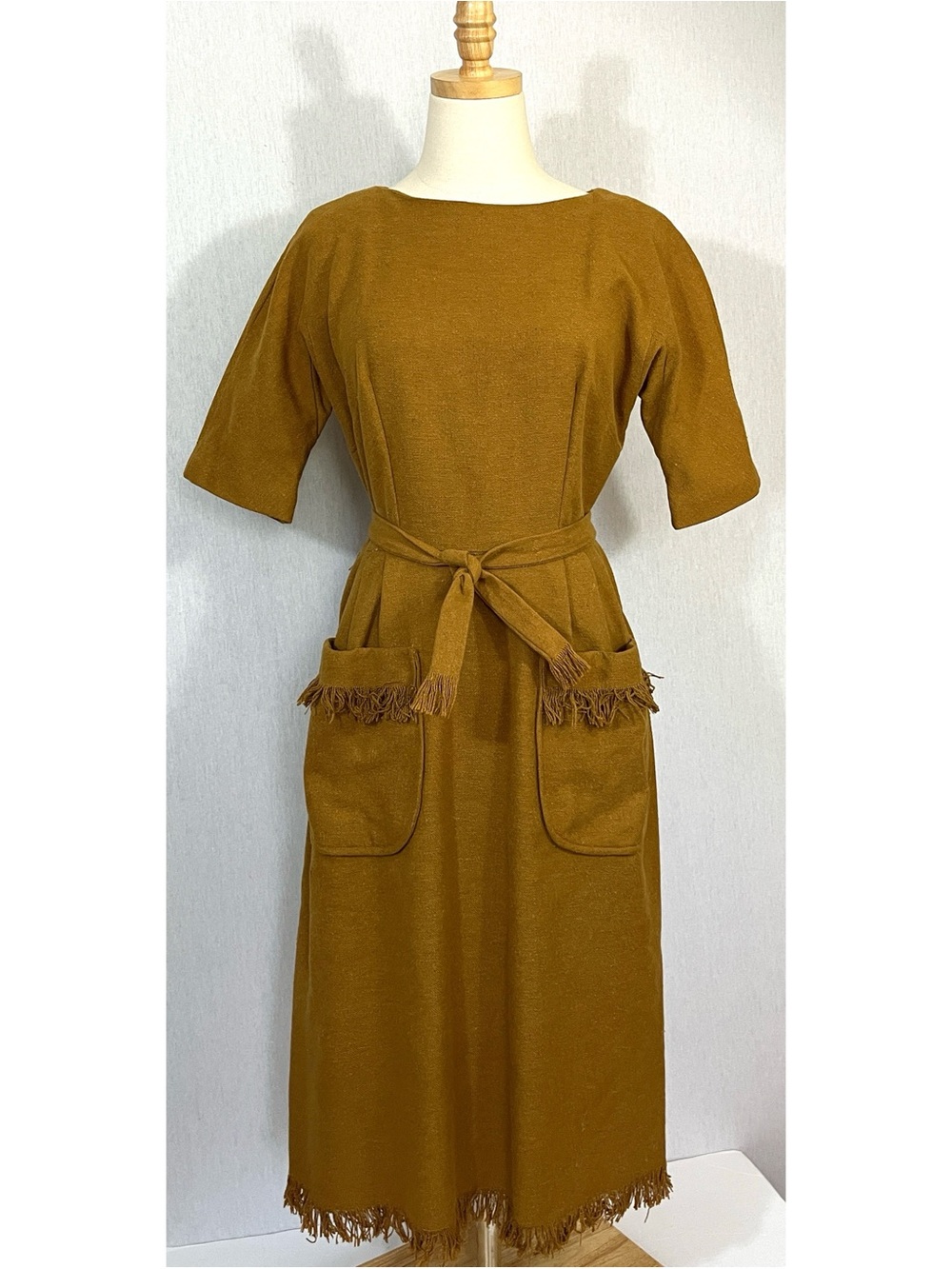 Vintage 70’s Parade New York Classic Belted Midi Mustard Dress w fringe detail
